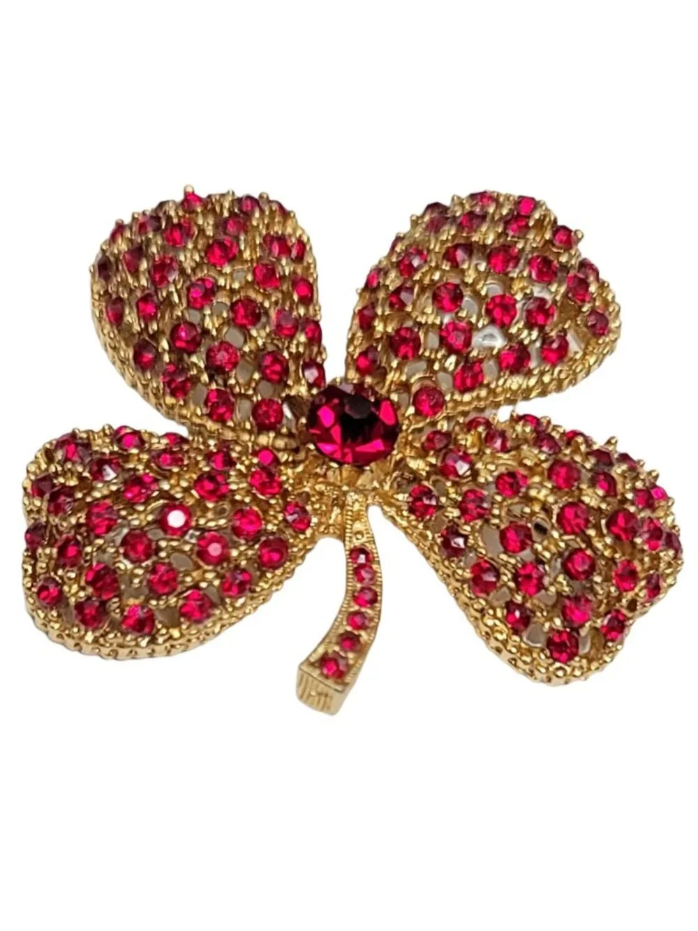 Signed ART Arthur Pepper Gold-Tone RES Pink Rhinestone Clover Leaf Brooch